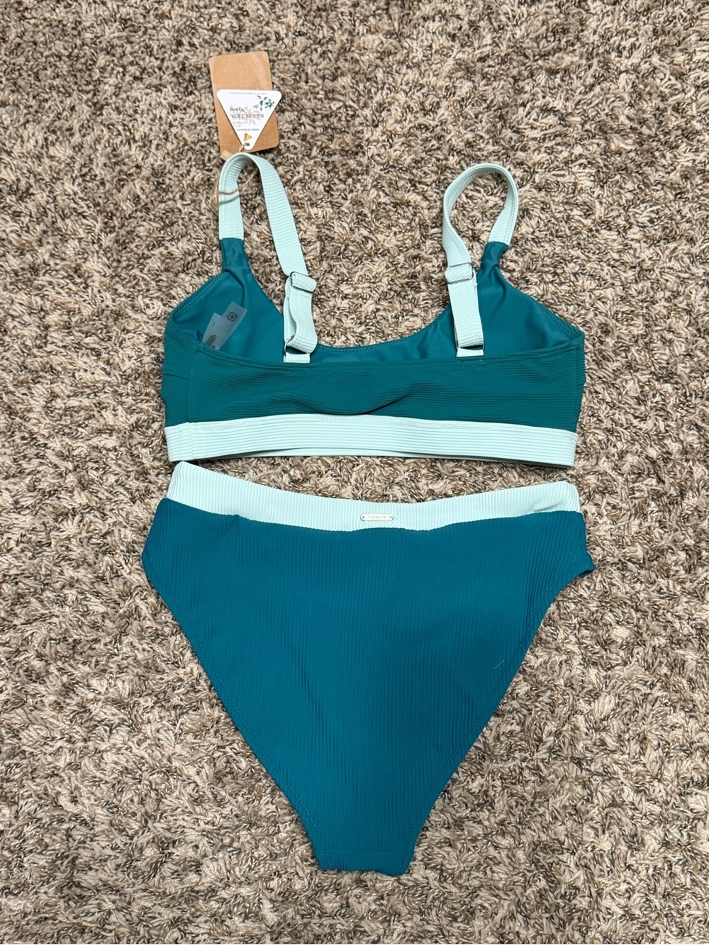 Two-Tone Teal Scoop Bikini Set with Mint Trim - Picture 2 of 2